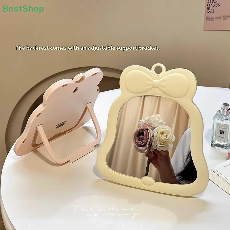 1 Pcs Bow Desktop Makeup Mirror Solid Color Simple Portable Handheld Makeup Mirror Foldable Student Compact Cute Pocket Mirror