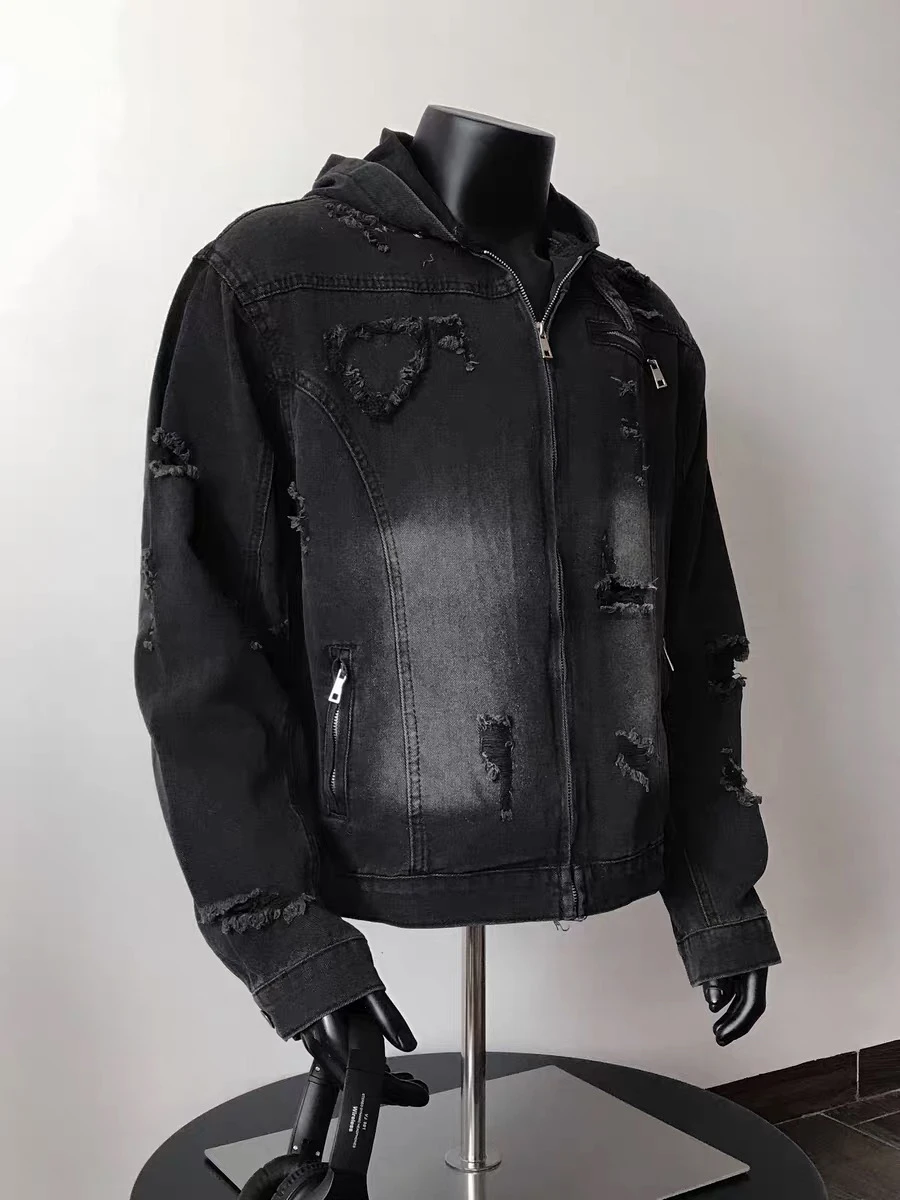 

Retro American Korean Sle Men's Denim Jaet with Hood Waed out Design Heavyweight Zipper Jaet Streetwear Autumn