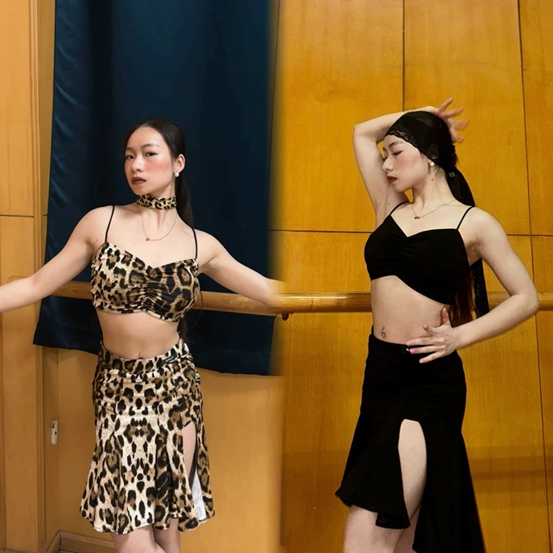 

2025 Latin Dance Performance Costumes For Women Sexy Leopard Strap Top Ruffle Skirts Suit Chacha Rumba Latin Clothing DQS19368