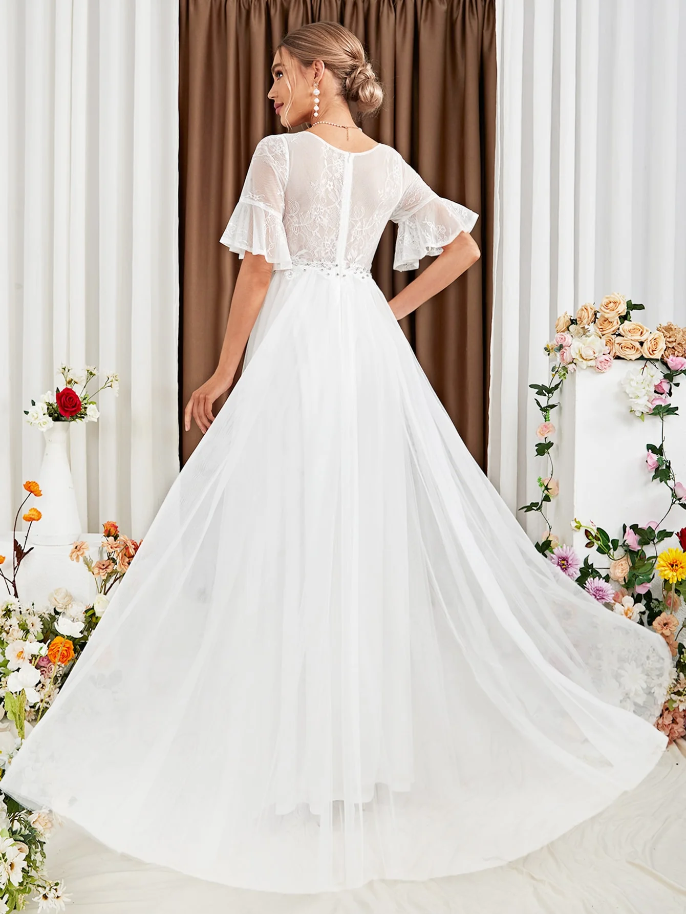 UNITHORSE Vestido de novia blanco con paneles de encaje, falda para dama de honor, elegante vestido de tul para la parte superior del cuerpo de UNITHORSE