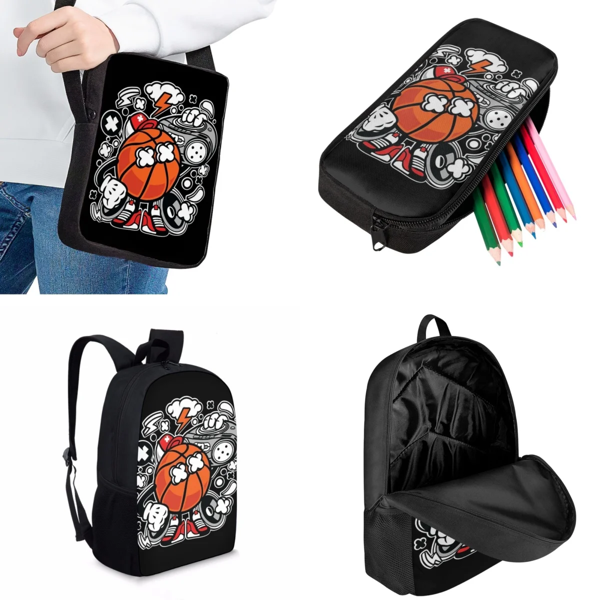 Jackherelook Children's School Bag Set Basketball Cartoon Pattern Boys Sports Fashion Casual School Backpack Practical Book Bags