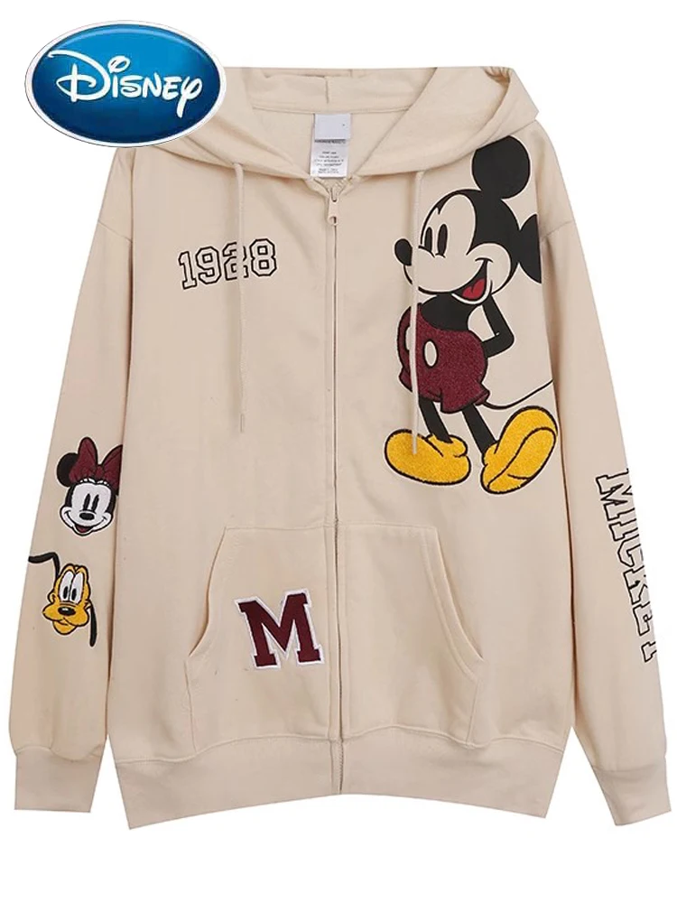 

Disney Sweatshirt Anniversary Minnie Mickey Mouse Pluto Numeral Cartoon Print Embroidery New Women Zip Pocket Hooded Jumper Tops