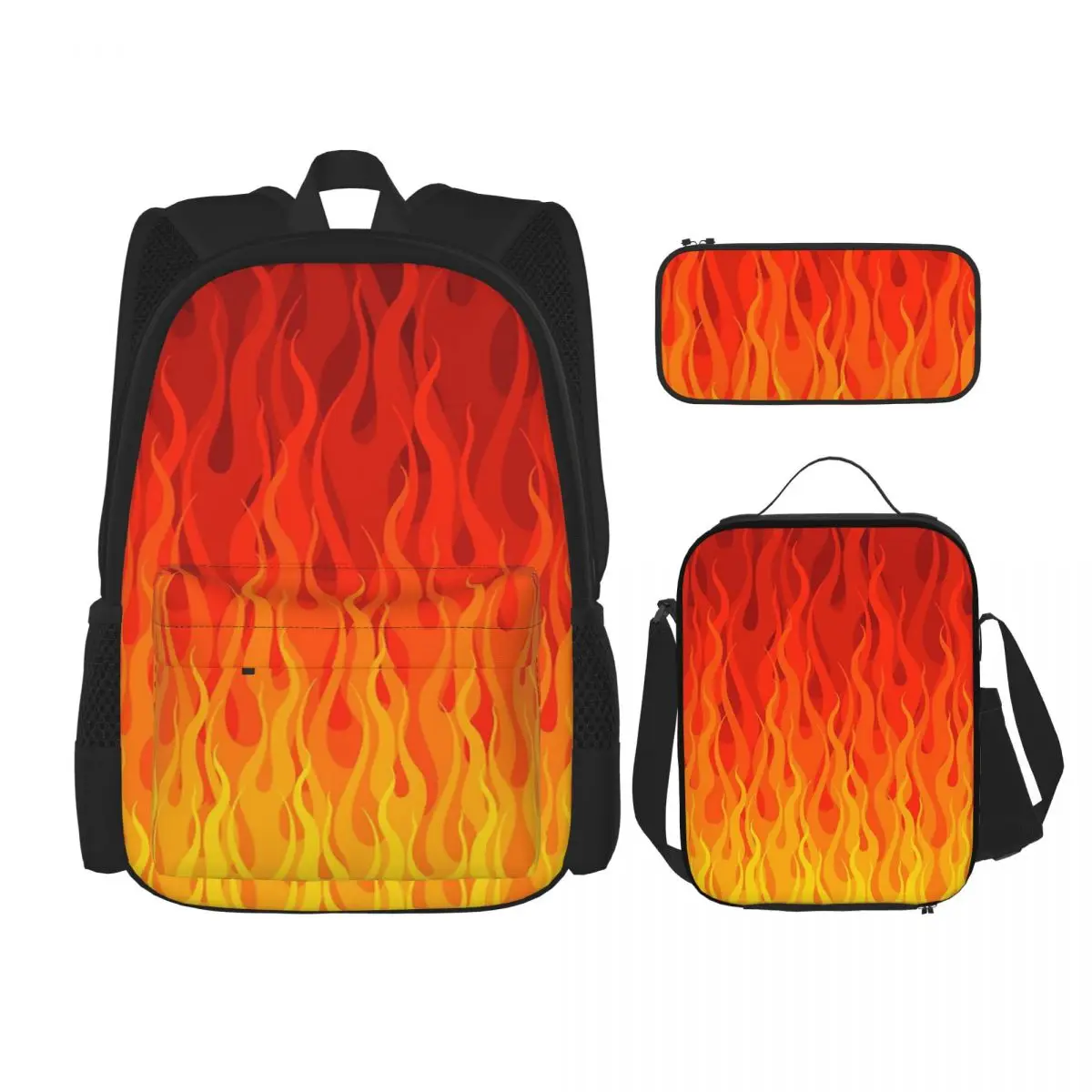 Red Orange Yellow Burning Flame And Fire Backpacks Kids Bookbag School Bags Rucksack Lunch Bag Pen Bag Three-Piece Set