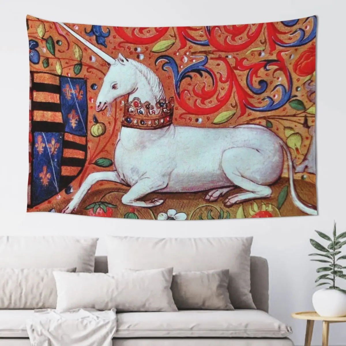 

UNICORN WITH RED BLUE WHITE FLORAL MOTIFS Medieval Miniature Tapestry Decor For Bedroom Carpet Wall Tapestry