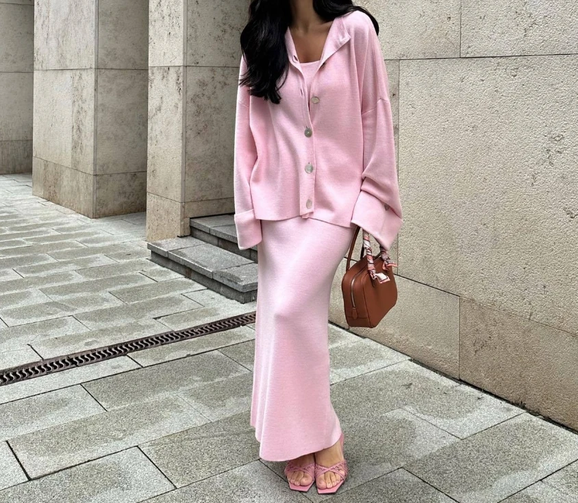 2025 New Fashionable Women\'s Clothing Solid Color Knitted Cardigan+Dress Elegant 2-Piece Sets for Women