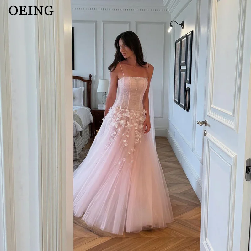 

OEING Princess A-Line Prom Dress Pink Beading Appliques Spaghetti Strap Draped Maxi Gala Party Puffy Dress vestidos Customized