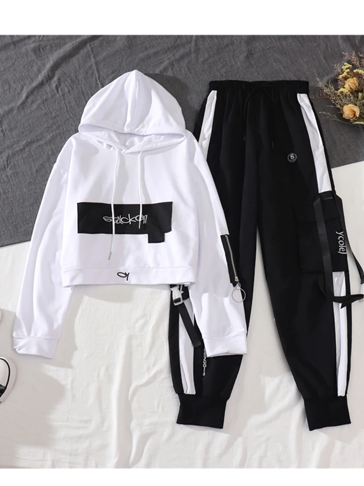 Korean Sportswear Two-piece Suit Harajuku Street Long Sleeved Pullover Hoodies with Cargo Pants Loose High Waist Joggers Women