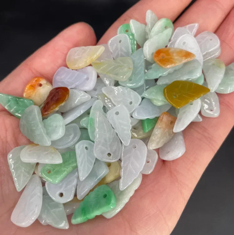 10PC Natural Jade Emerald Tricolor Leaf Bead DIY Accessories Bangle Earring Jewellery Fashion Hand-Carved Luck Amulet Customized
