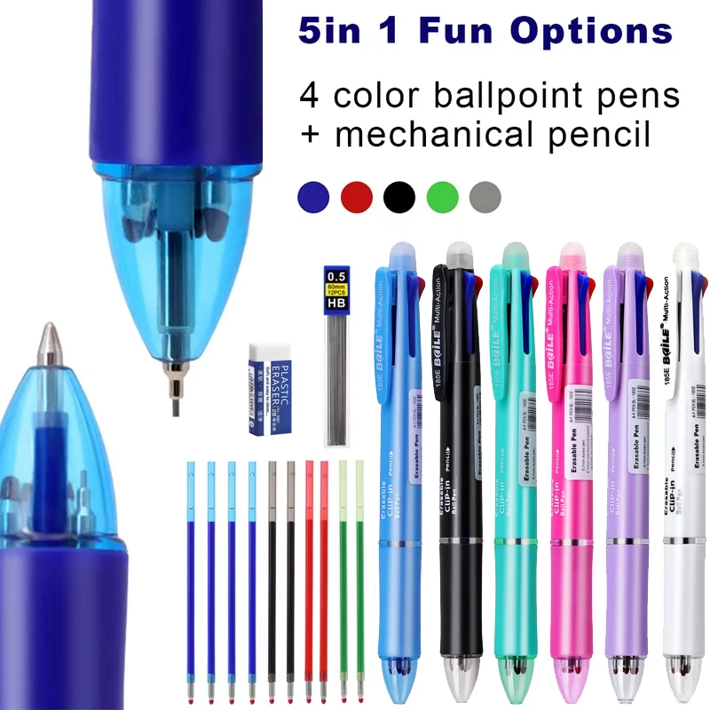 5 In 1 Multicolor Erasable Gel Pen with 4 Colors Replaceable Pen Refill 1 Automatic Pencil Lead Stationery School Writing Supply