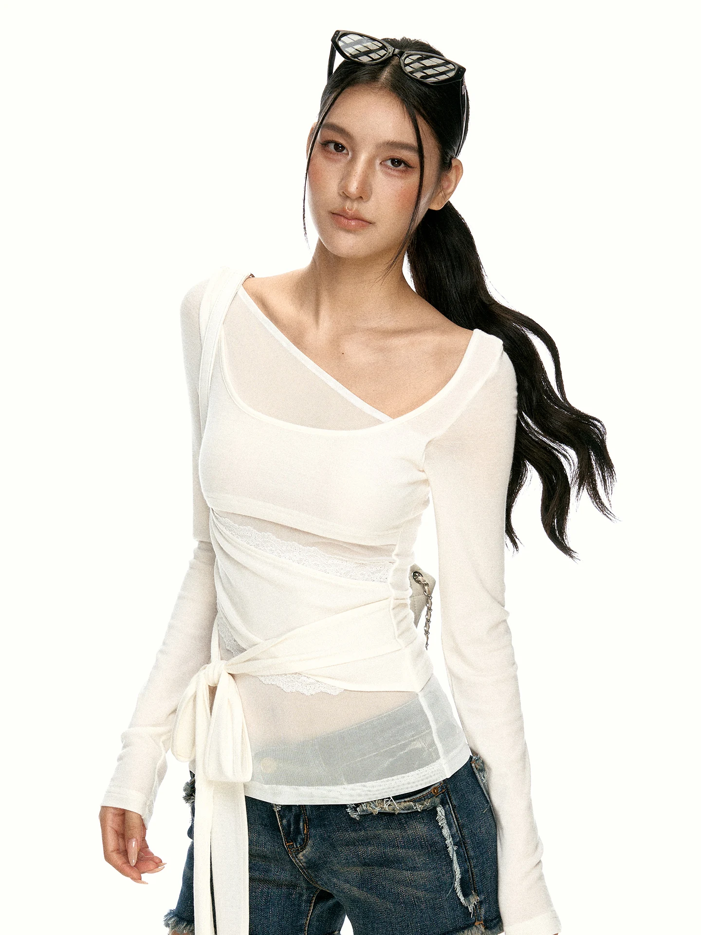 White Asymmetric Long Sleeve Mesh Cover up T Shirt Women Early Autumn Slimming Tie Design Sensation Top Casual Style