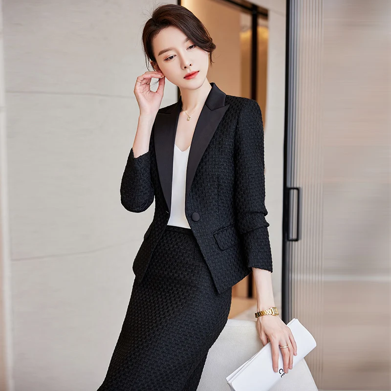 Naviu High End White Formal Suit Women New Fashion Slim Business Woollen Blazer and Skirt Sets Office Ladies Work Wear Black