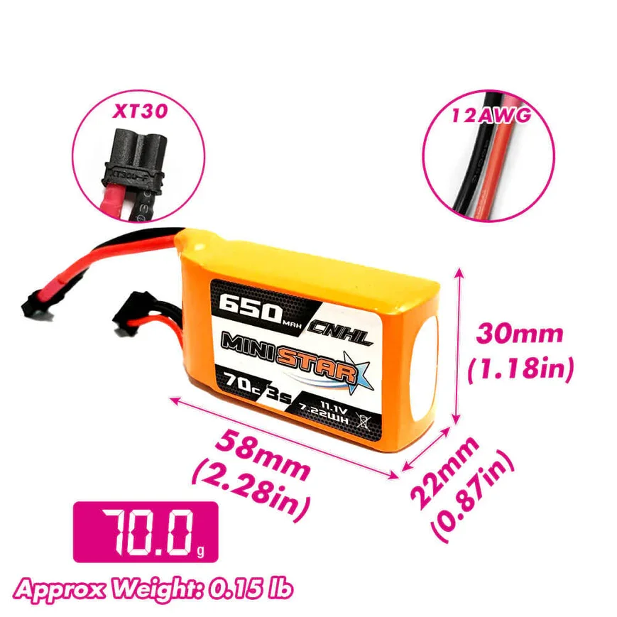 Batería Lipo CNHL MiniStar 650mAh 11.1V 3S 70C con XT30U para Avión RC, Quadcopter, Helicóptero, Dron de Carreras FPV, 2 Piezas