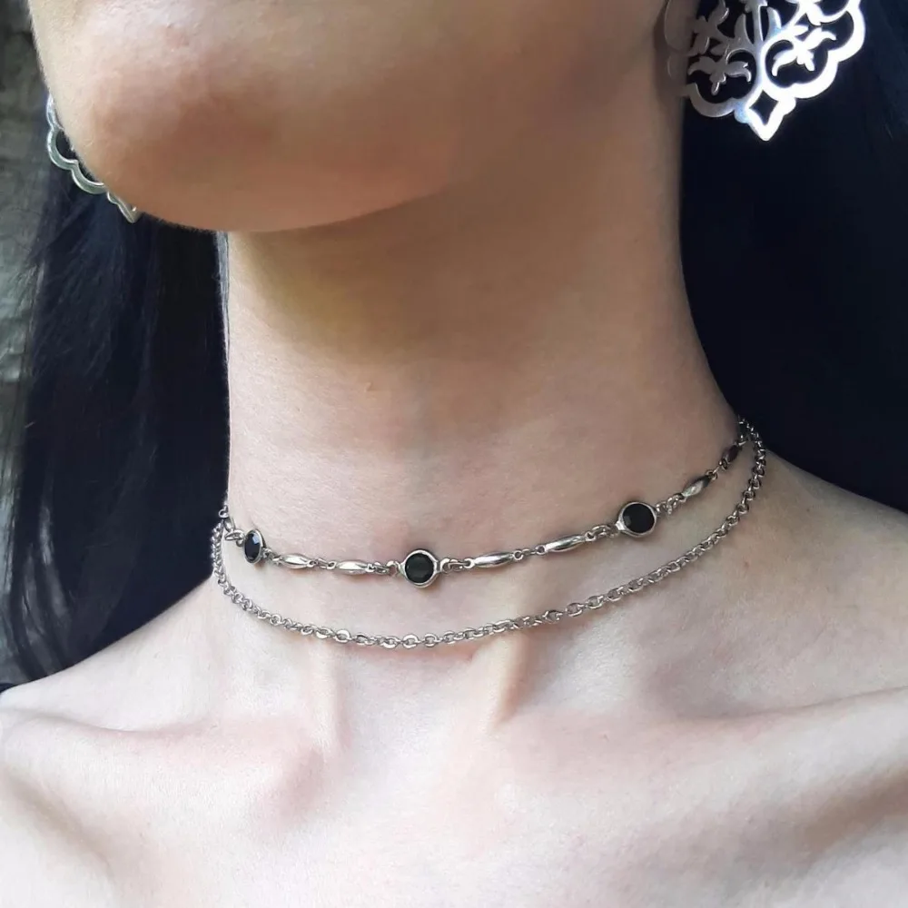 Gothic Personality Geometric Circular Black Crystal Spliced Double Layer Necklace for Women Halloween Alternative Witch Jewelry