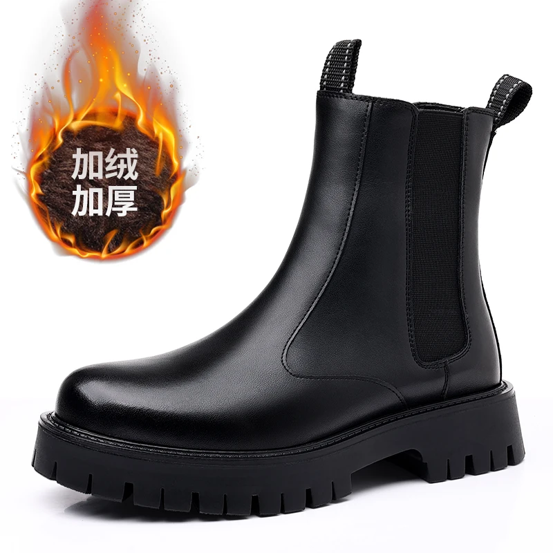 Brand Classic Black High Top Boots Men High Heel Genuine Leather Ankle Chelsea Boots Men British Style Thick Sole Mid Top Boots