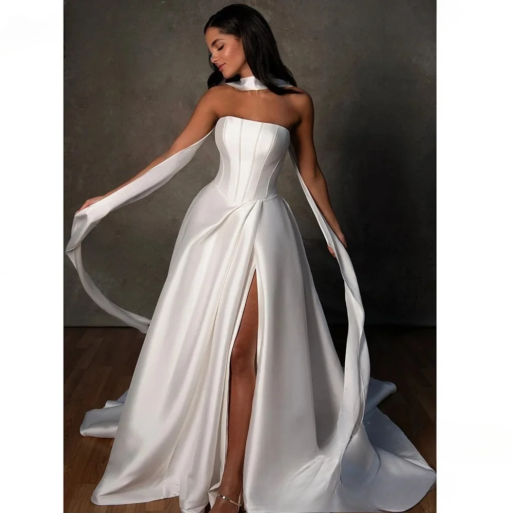 Customized 2026 Minimalist Mikado Satin Wedding Dress Strapless with Shawl Elegant Court Train Bridal Gown Vestidos De Novia