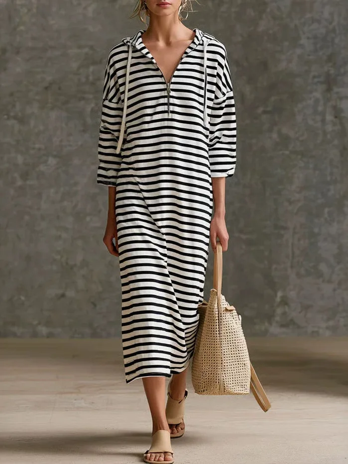 2026 Autumn Striped Drawstring Hooded Women Midi Dress Female Half Zip 3/4 Sleeve Loose Casual T Shirt Dress Casual Long Dress