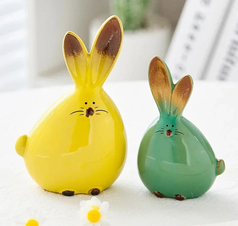 Long Eared Bunny Sculpture Ornaments Desktop Ceramic Easter Rabbit Bunny Figure Cute Home Decorations〔Winter1〕