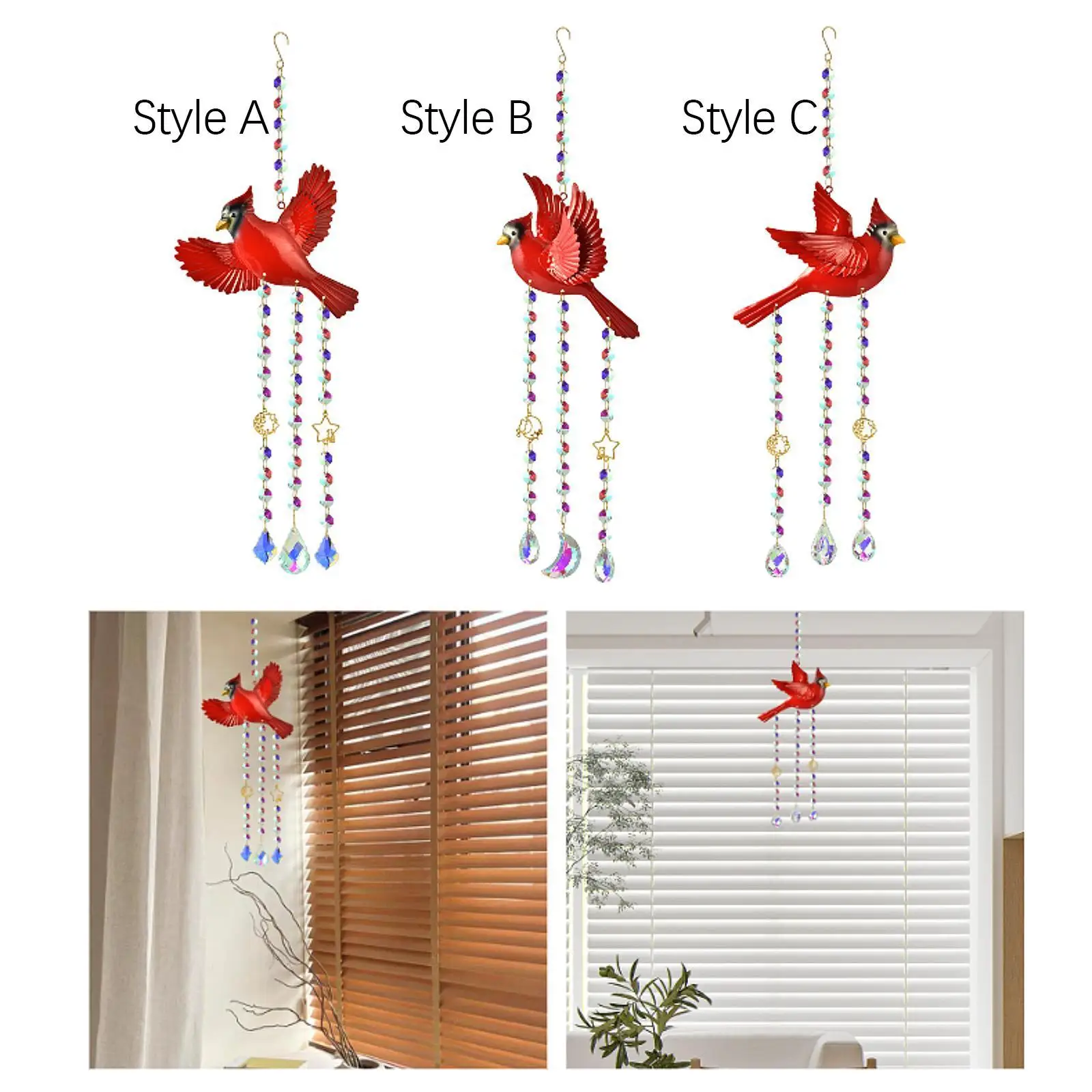 Red Cardinal Bird Wind Chime Decoration Length 60cm for Garden Backyard