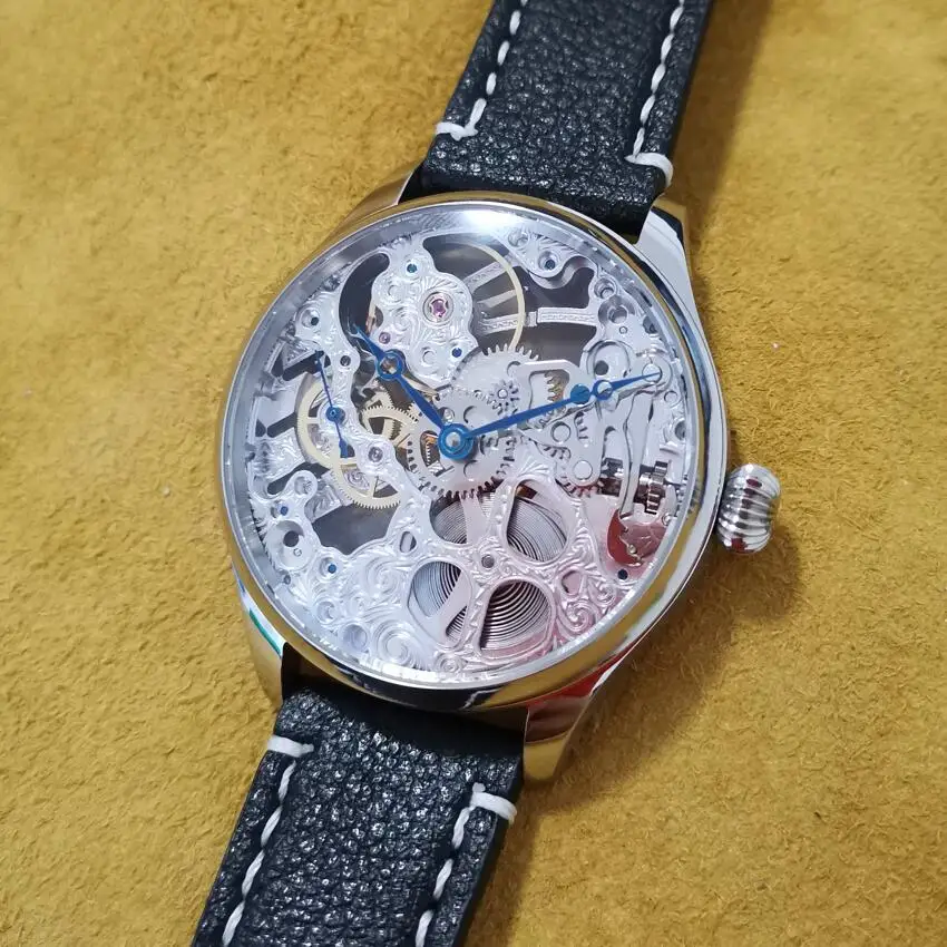 41mm Manual mechanical men\'s watch Blue hands Seagull ST3600K hollow silver movement Sapphire crystal or mineral glass