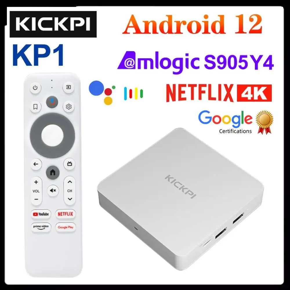 KICKPI KP1 Google Netflix TV Box Amlogic S905Y4 reproductor multimedia Android 12 4K decodificador Android 12,0 2G32G AV1 2,4G y 5G Wifi BT5.0