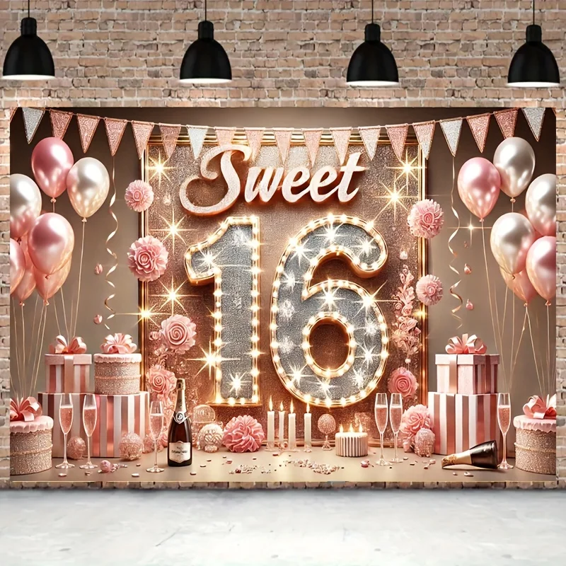 Sweet 16 Birthday Party Banner Decoration - Polyester background for 16th birthday celebration