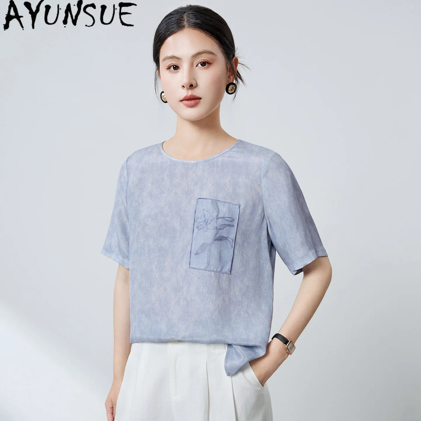 AYUNSUE 41.1% Real Mulberry Silk Tops for Woman 20MM Silk Shirts Women Floral Embroidered Women Clothing 2026 Summer Ropa Mujer