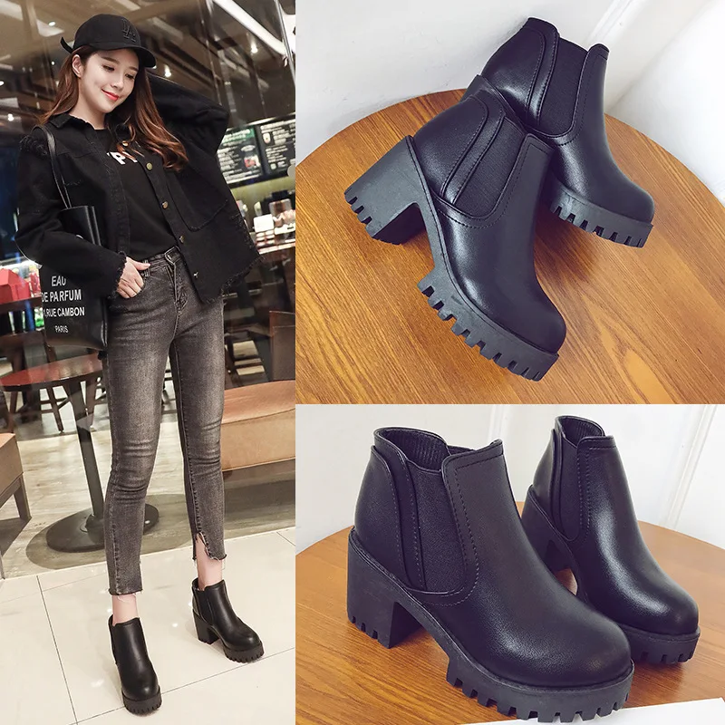 Chunky Boots Women Winter Shoes PU Leather Plush Ankle Boots Black Female Autumn Fashion Platform Booties M11-47