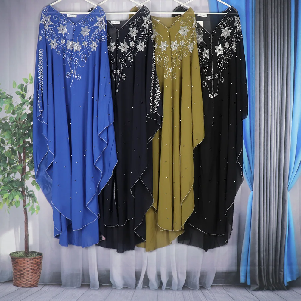 

African Dresses for Women Pearl Chiffon Hooded Muslim Dress African Dashiki Traditional Clothing Moroccan Kaftan Eid Dubai Abaya