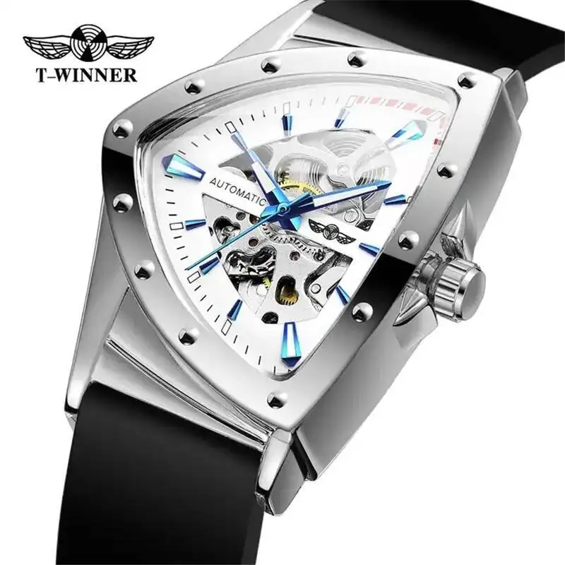 

WINNER 395R Men's Automatic Mechanical Watch Triangle Skeleton Dial Wristwatch Waterproof Silicone Strap Sports Watches for Man