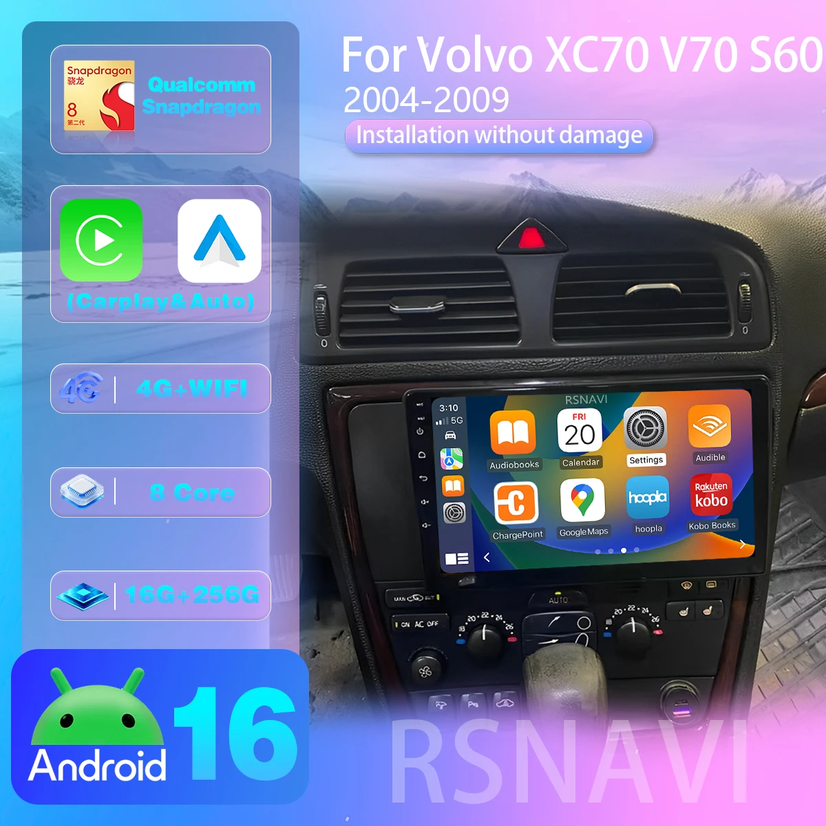Android 16 For Volvo XC70 V70 S60 2004-2009 Carplay Auto Car Radio Multimedia Player Autoradio GPS Stereo Qualcomm Screen