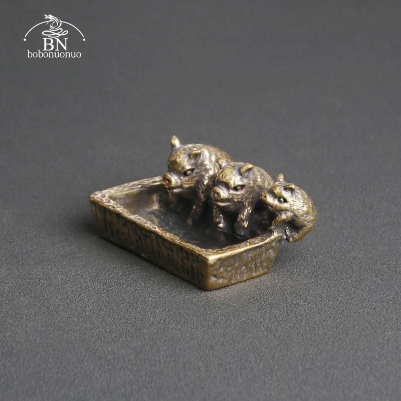 Antique Bronze Three Pigs Brother Statue Desk Ornament Copper Pig Trough Miniature Figurines Incense Burner Lucky Brass Crafts