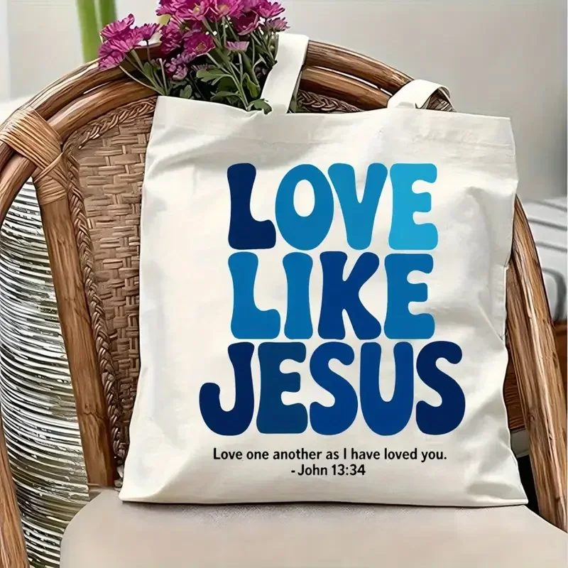 Shopping Bags Canvas Printing Love Like Jesus Tote Bag Reusable Grocery Bag Bold Blue Lettering Tote Bag for Women's Fashion &