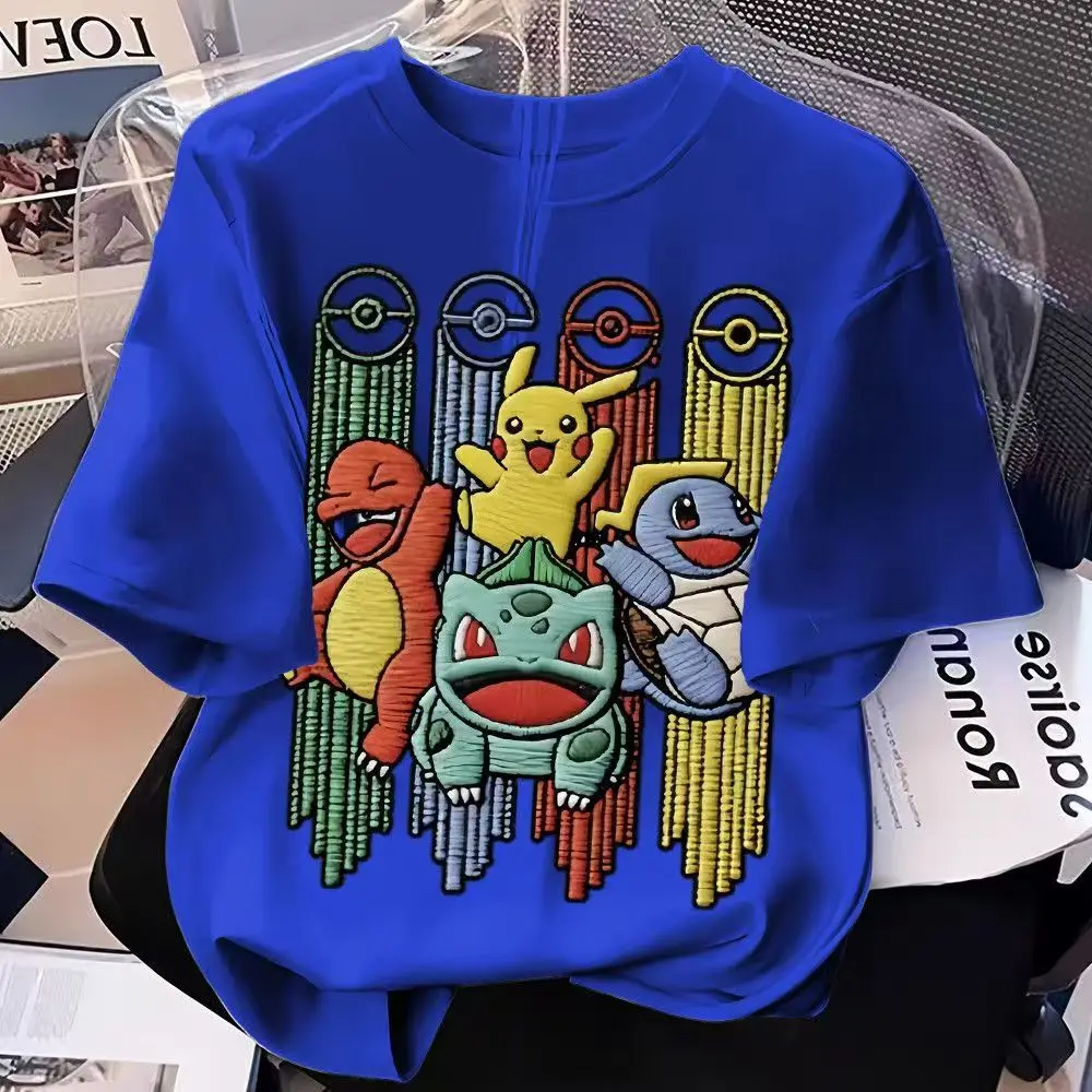 New Imitation Embroidery Pokémon Cartoon Print, Crew Neck Loose Casual Short‑Sleeve Top for Boys and Girls, Summer Style