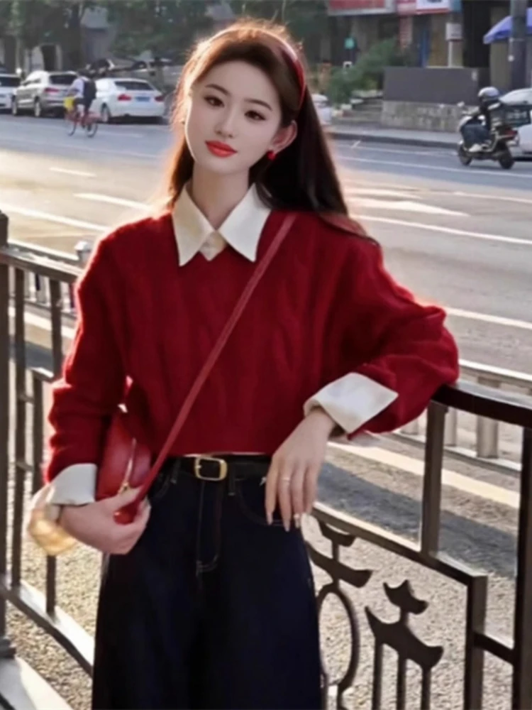 

Свободный длинный трикотаж Sve V-Ne, красный новогодний женский удобный топ для внутренней одежды, мягкий свободный крой, осенняя мода