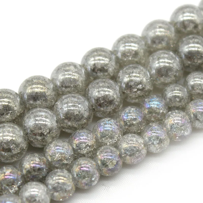 Perles rondes en pierre de cristal craquelé gris argent naturel, 15 pouces, 6/8/10mm, taille au choix, vente en gros