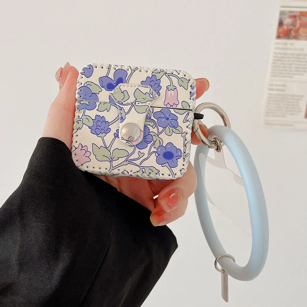 Leather Fresh Flowers Case for AirPods 1 2 Pro Earphone Charging Box Protective Bag with Wristband Cover For AirPods 3 Fundas
