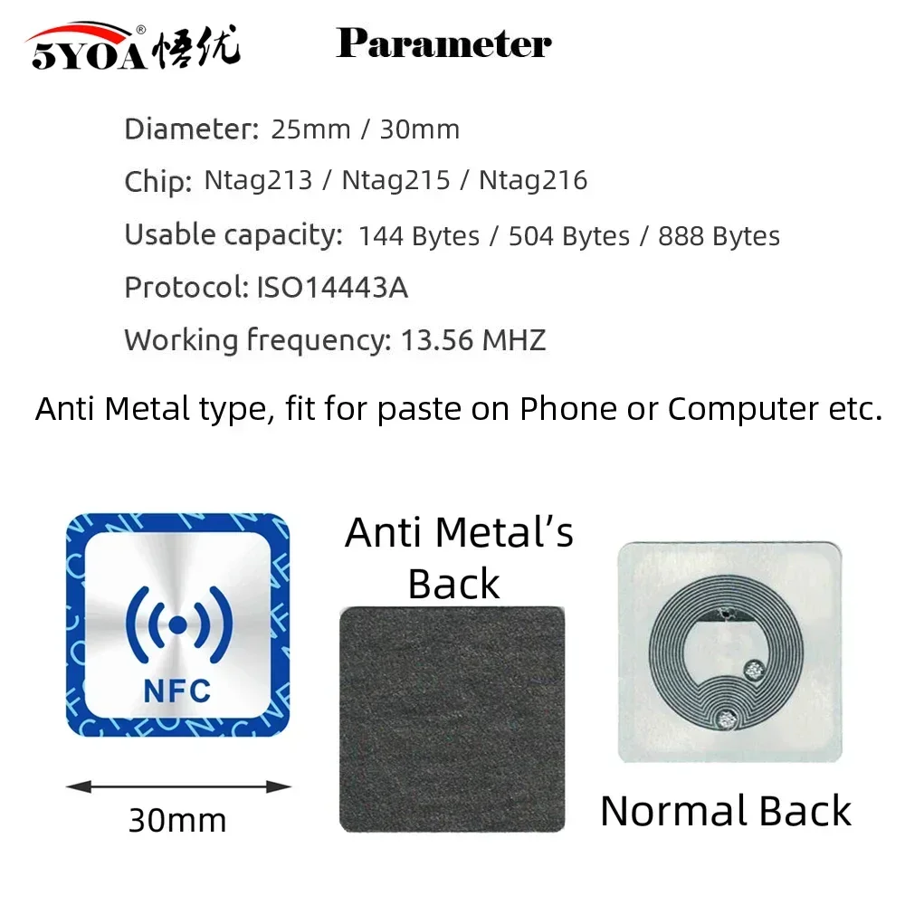 5YOA Ultralight NFC Ntag213 Ntag215 Ntag216 Tag Sticker 13.56MHz Universal RFID Token For Access Control Inventory Management