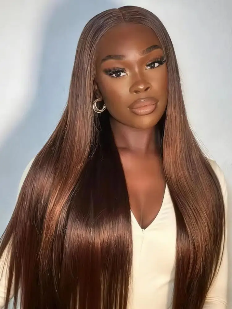 Peruka typu lace front HD transparentna, czekoladowy brąz, prosta, o gęstości 200%, 13x4, 13x6, długość 18-46 cali, wstępnie wyskubana linia włosów, naturalna linia włosów, na różne okazje. — 2
