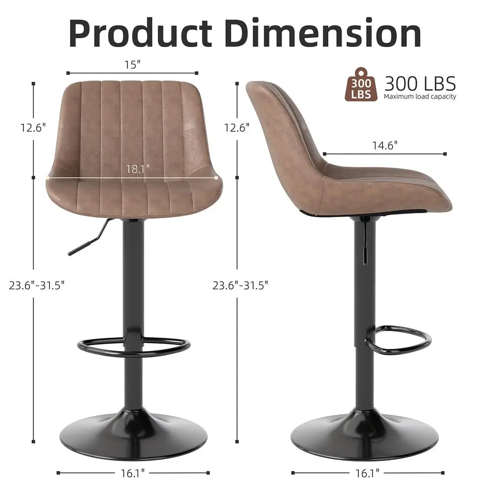 Adjustable Faux Leather Bar Stools Set of 2, Light Brown Swivel, Counter Height, Back amp Footrest, Armless, PU, Modern, Kitche