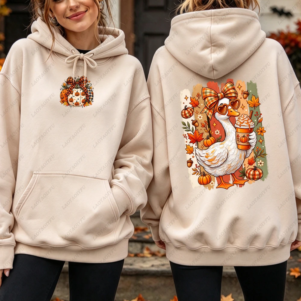 Fall Duck Pumpkin Spice Coffee Double Side Print Hoodie Women Casual Long Sleeve Cute Retro Sunglasses Bow Autumn Fashion Top view 3