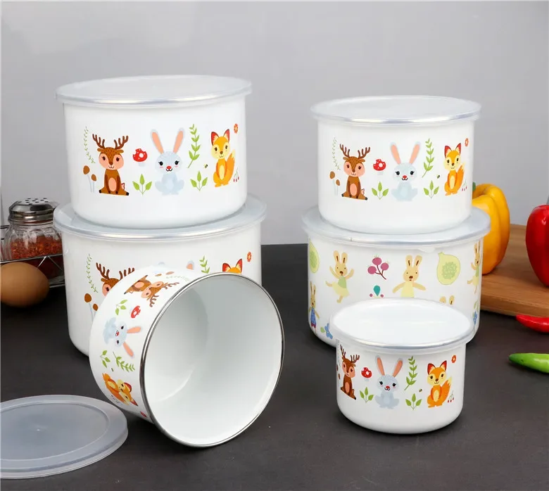 GIEMZA Enamel Bowl Set for Cook Large Capacity Bowl Salad Ice Small Pot with Lid Metal Jar Seal Food Container Cute Cartoons