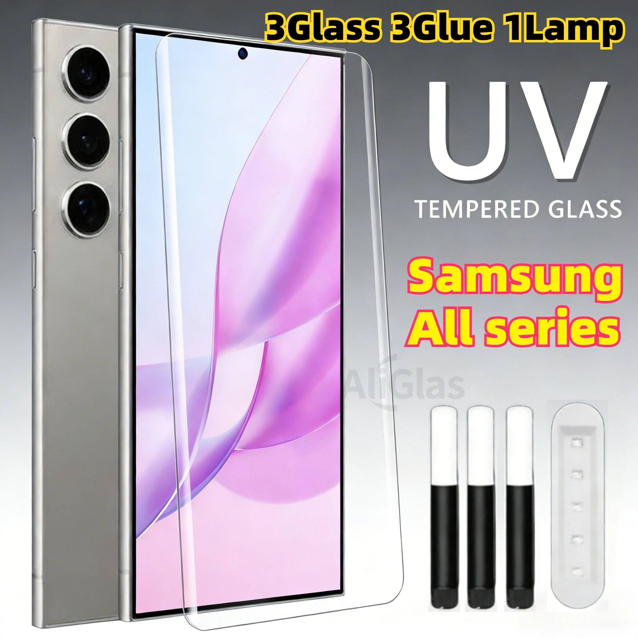 

3PCS UV Full Glue Tempered Glass for Samsung Galaxy S24 S25 S26 Ultra S23 S22 S21 Plus S26 S25 Plus Full Curved Screen Protector