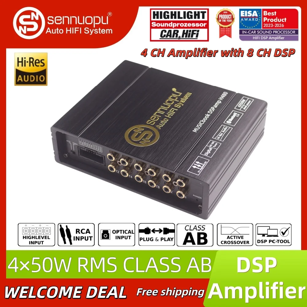 Amplificateur de puissance audio pour voiture Sennuopu H480 professionnel à quatre canaux, égaliseur numérique à 8 groupes avec lecture de musique sans fil