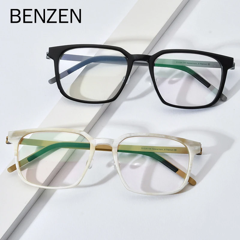 

BENZEN Buffalo Horn Titanium Myopia Glasses Frame Men Vintage Square Prescription Eyeglasses Women Optical Spectacles Eyewear