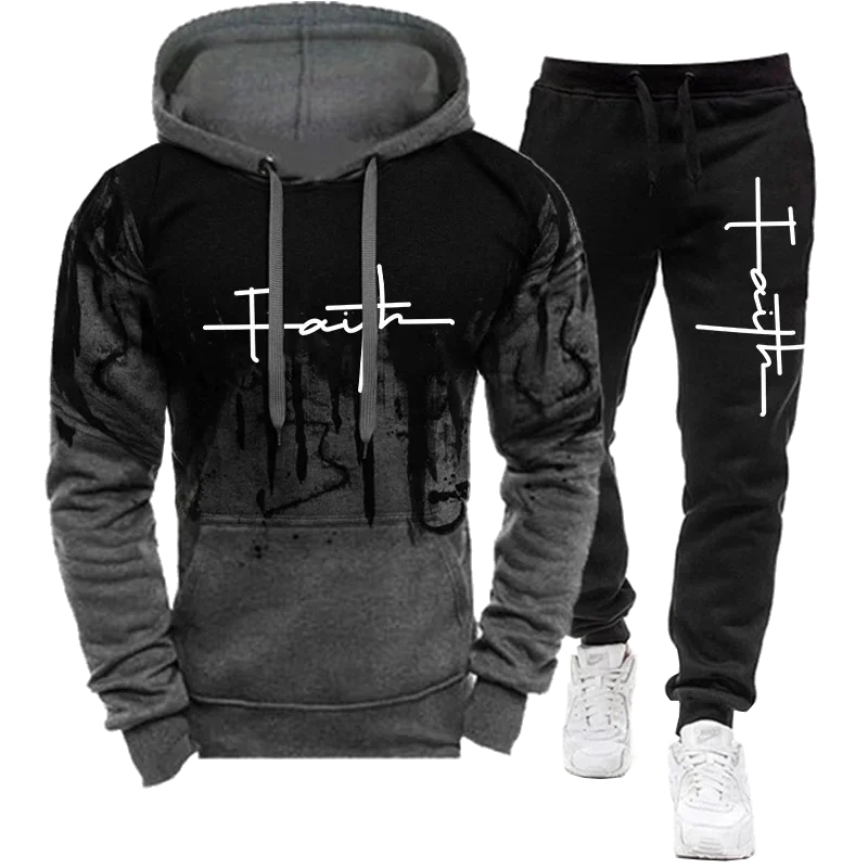 Fashion trend originality Faith Print Autumn Winter Men Casual Tracksuit Men Sweatshirts and Sweatpants 2 Pieces Sets Sportswear