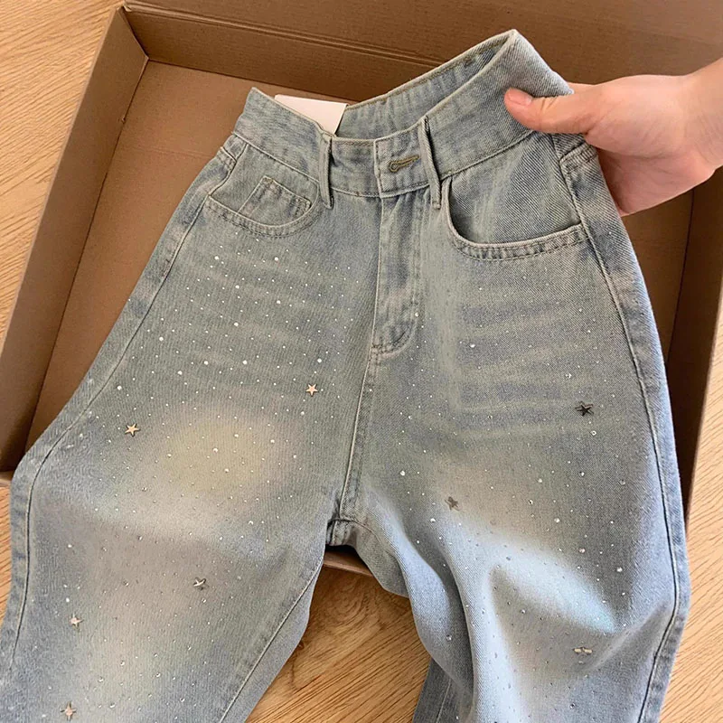 Elegant Light Blue Beaded Straight Denim Pants for Women High Waist Slim Fit Wide Leg Long Trousers