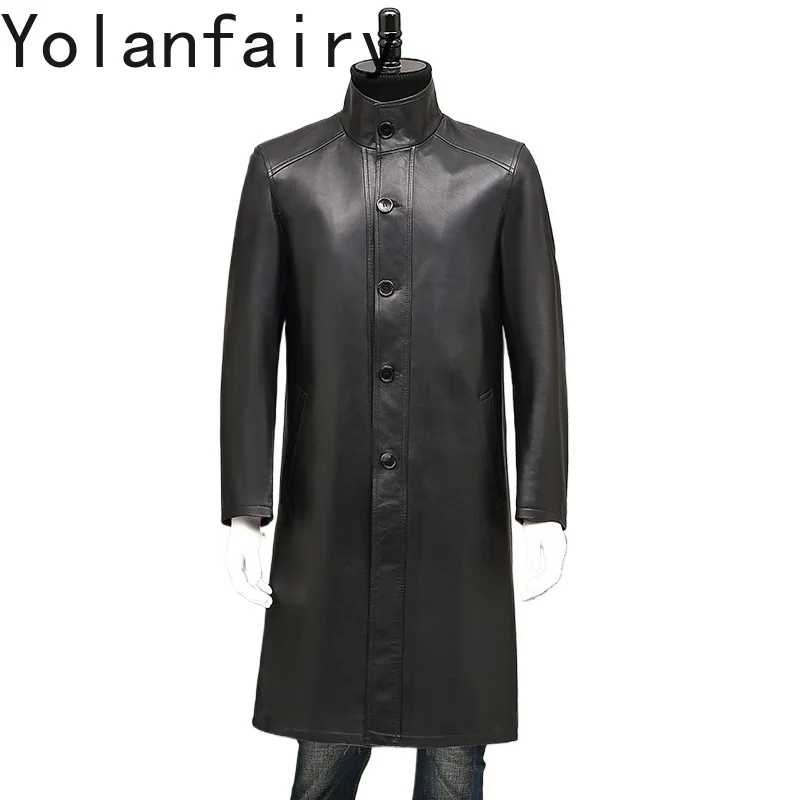YOLANFAIRY موضة جديدة 2025 جلد الغنم الحقيقي خندق معطف الوقوف طوق سترة جلدية حقيقية رجل منتصف طول الشارع الشهير