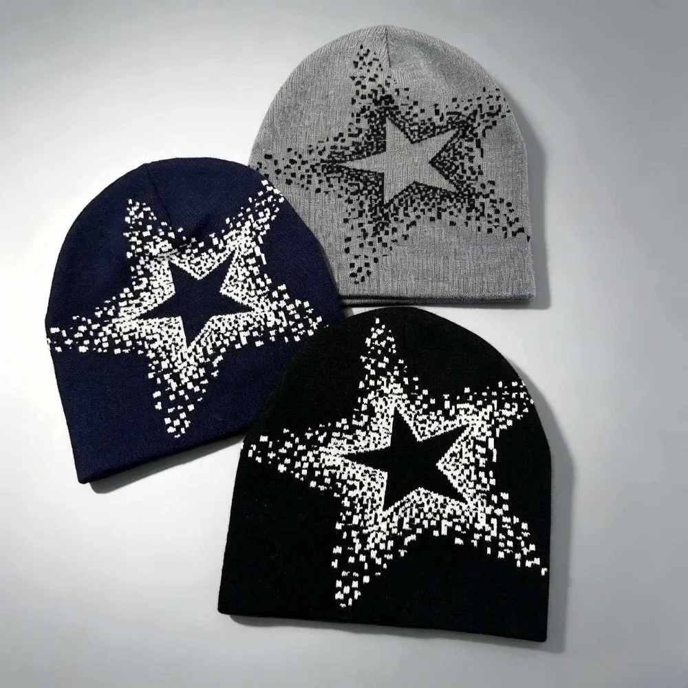 Cool Jacquard Star Knitted Hat Pentagram Warm Pullover Cap Cashmere Elastic Y2k Beanie Hat Female/Male