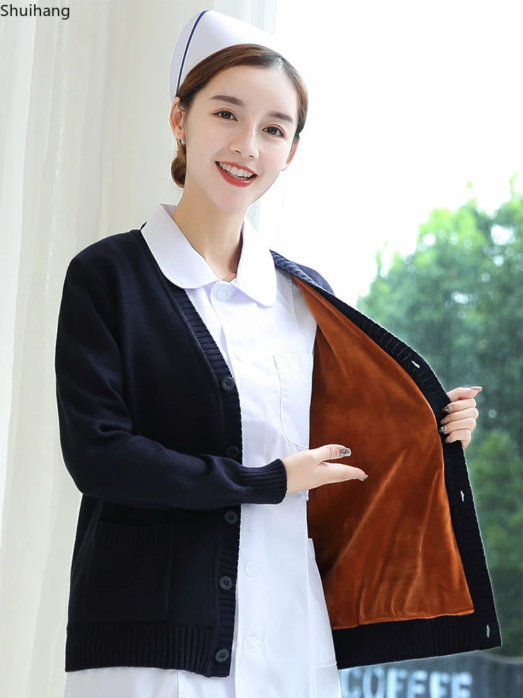 Nurse's sweater jacket, cardigan, navy blue, fleece and thick knit, the nurse's coat is warm in autumn and winter