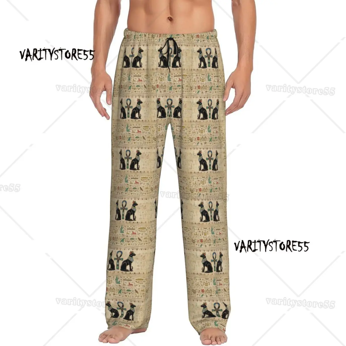 

Мужские пижамные штаны с египетскими кошками и крестом Анк на заказ, пижамные штаны с принтом Гора, египетская одежда для сна с иероглифом, низ с карманами